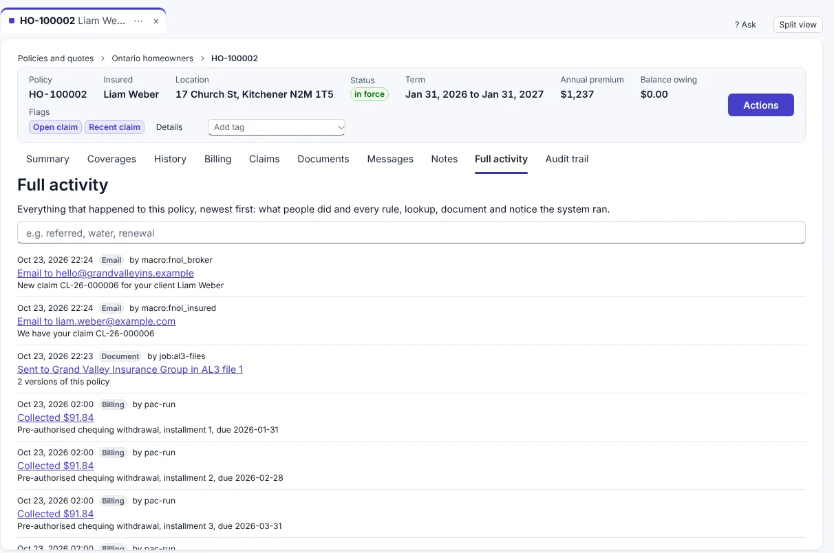Full activity: emails, AL3 files and payment runs made by the system