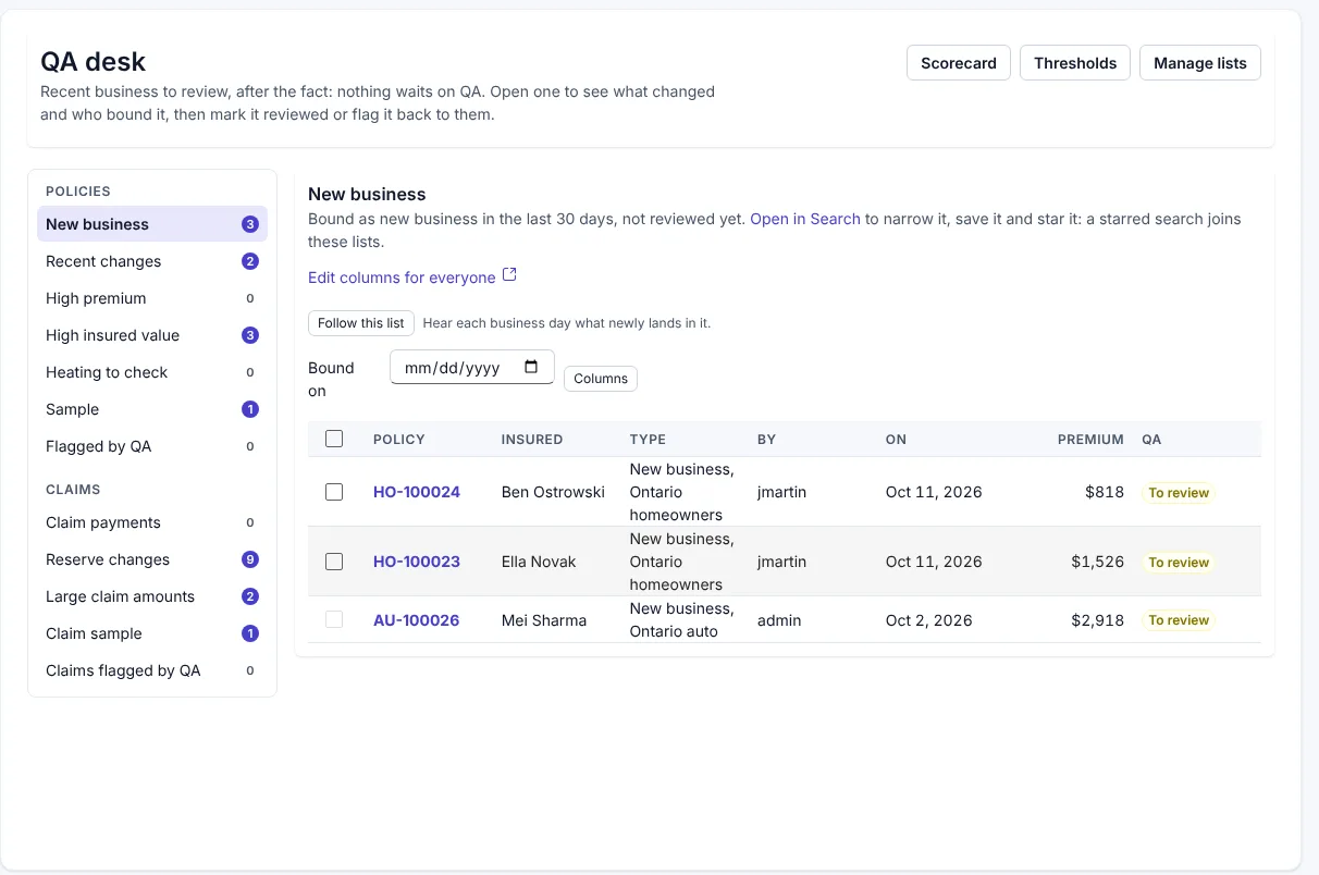 The QA desk listing recent new business to review